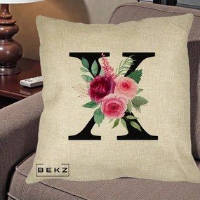 Cadou Personalizat - Perna Personalizata Monograma Florala Litera X cu Buchet, 40x40 cm, Crem, Husa Detasabila, Perna Inclusa, BEKZ®