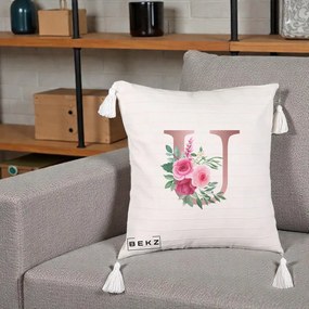 Cadou Personalizat - Perna Personalizata Monograma Rose Gold Litera U, 40x40 cm, Bej cu Franjuri, Husa Detasabila, Perna Inclusa, BEKZ®