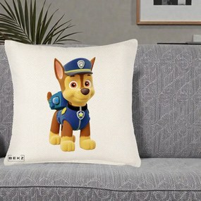 Perna Personalizata Chase PAW Patrol Albastru, 40x40 cm, Crem Reliefat, Husa Detasabila, Perna Inclusa, BEKZ®