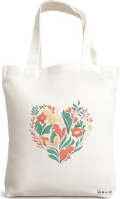Sacosa de Panza pentru Cumparaturi, Geanta Tote, model Inima Florala, 38x34.5 cm, Alba, BEKZ®