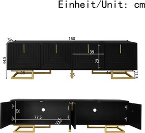 Comodă TV, mânere și picioare aurii, picioare reglabile, 160x38x44,5 cm, Negru