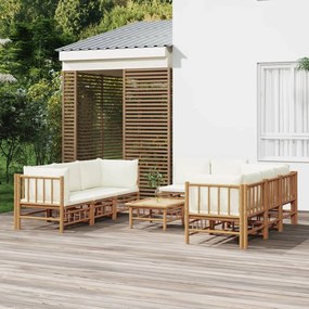 Set mobilier de gradina, cu perne alb crem, 9 piese, bambus