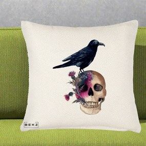 Perna Decorativa Craniu cu Corb si Flori Gothic, 40x40 cm, Crem Reliefat, Husa Detasabila, Perna Inclusa, BEKZ®