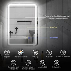 HOMCOM Oglindă de Baie Bluetooth LED 50 x 70 cm cu Anticeață - Argintiu | Aosom Romania