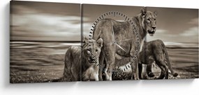 Tablou cu leii alb negri (cu ceas) (90x30 cm)