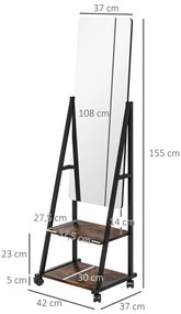 HOMCOM Oglindă pe picior rectangulară oglindă de sol cu unghi reglabil 2 rafturi 4 roți negru și maro rustic | Aosom Romania