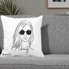 Perna Decorativa Beauty Girl Line Art, 40x40 cm, Alba Mata, Husa Detasabila, Perna Inclusa, BEKZ®