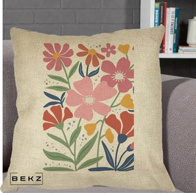 Perna Decorativa Flori Grafice Roz si Terracotta, 40x40 cm, Crem, Husa Detasabila, Perna Inclusa, BEKZ®