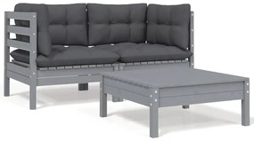 vidaXL Set mobilier de grădină cu perne, 3 piese, gri, lemn masiv pin