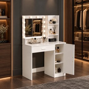 SET GRACE – Masă de Toaletă pentru Machiaj, Oglindă 10 becuri LED, Iluminare reglabila, Sertar mare, Comoda cu rafturi, Scaun, Alb