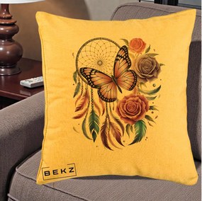 Perna Personalizata Prinzator de Vise cu Fluture si Trandafiri, 40x40 cm, Galben, Husa Detasabila, Perna Inclusa, BEKZ®