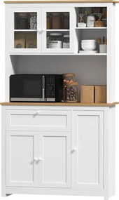 HOMCOM Dulap de bucătărie în stil country, 1 vitrină, 1 raft deschis, 1 sertar, 2 dulapuri, Natur + Alb | Aosom Romania