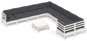 Set mobilier gradina cu perne, 11 piese, alb, lemn de pin Alb, 9