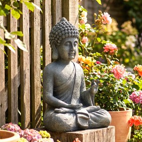 Outsunny Statuie de Grădină, Sculptură Buddha Șezând din Oxid de Magneziu, Decorațiune Spirituală 32 x 23 x 51 cm, Gri Închis | Aosom Romania