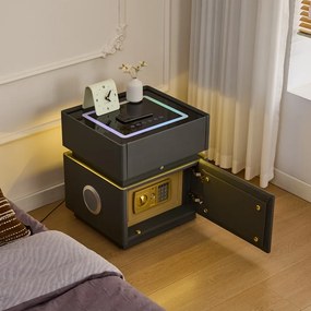 LUNÉA — Noptieră inteligentă cu seif integrat, încărcare wireless, Bluetooth Stereo, iluminare RGB, USB + Type-C și senzor de mișcare, Gri