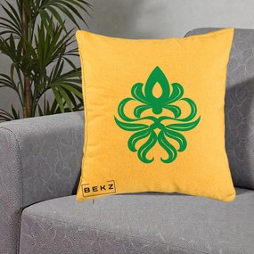 Perna Decorativa Ornament Turcoaz Fleur de Lis, 40x40 cm, Galben, Husa Detasabila, Perna Inclusa, BEKZ®