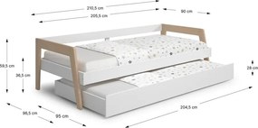 Pat pentru copii alb cu extensie suplimentară din lemn de pin cu spațiu de depozitare cu somieră 90x200 cm Carrie – Marckeric