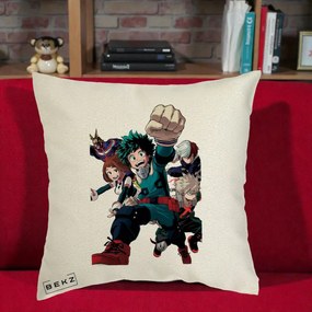 Perna Personalizata My Hero Academia Izuku Deku si Echipa, 40x40 cm, Ecru, Husa Detasabila, Perna Inclusa, BEKZ®