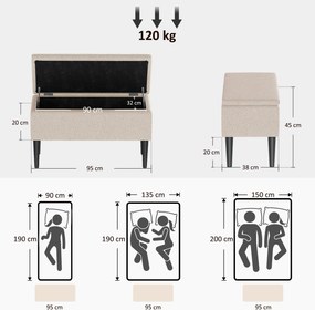HOMCOM Scaun Modern cu Spațiu de Depozitare și Picioare din Lemn, Scaun Tapițat pentru Living sau Dormitor, 95x38x45 cm, Bej | Aosom Romania