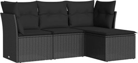 vidaXL Set mobilier de grădină cu perne, 4 piese, negru, poliratan