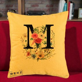 Cadou Personalizat - Perna Personalizata Monogram Litera M cu Flori Acuarela, 40x40 cm, Galben, Husa Detasabila, Perna Inclusa, BEKZ®