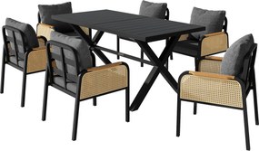 Set modern de masă pentru grădină și terasă, 6 piese, cu cadru din fier în formă de cruce, Negru+Culoare naturală