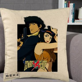 Perna Personalizata Cowboy Bebop Spike si Faye Poster, 40x40 cm, Bej, Husa Detasabila, Perna Inclusa, BEKZ®