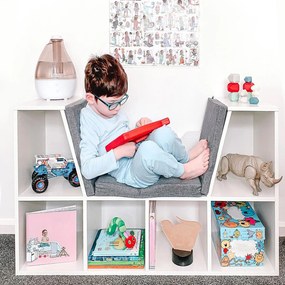 HOMCOM Bibliotecă Bancă 2 în 1 Design Contemporan 6 compartimente 3 Perne incluse 102L x 30l x 61H cm Alb Gri chinuit | Aosom Romania