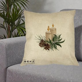 Perna Decorativa Lumanari cu Ilex si Conuri Ilustratie, 40x40 cm, Crem, Husa Detasabila, Perna Inclusa, BEKZ®