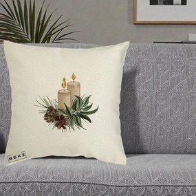 Perna Decorativa Lumanari cu Ilex si Conuri Ilustratie, 40x40 cm, Ecru, Husa Detasabila, Perna Inclusa, BEKZ®