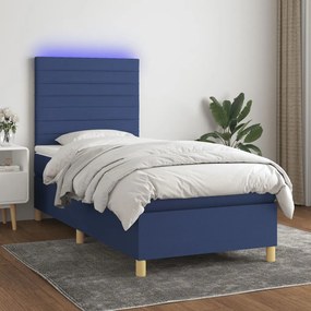 vidaXL Pat cu arcuri, saltea și LED, albastru, 120x200 cm, textil