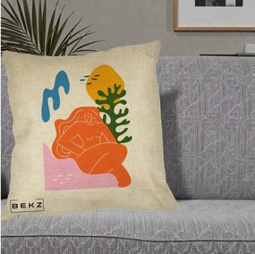 Perna Decorativa Femeie Portocalie Relaxata, 40x40 cm, Crem, Husa Detasabila, Perna Inclusa, BEKZ®