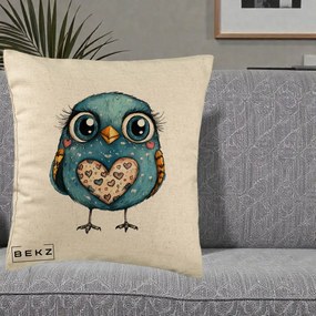 Perna Decorativa Bufnita Albastra cu Inimioare, 40x40 cm, Bej, Husa Detasabila, Perna Inclusa, BEKZ®