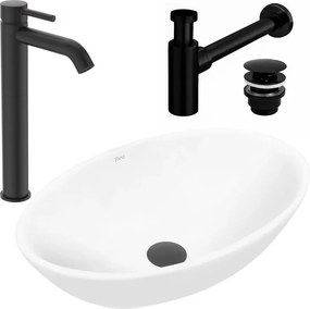 Pachet lavoar pe blat Rea Pamela alb 53 cm, baterie lavoar Ideal Standard Ceraline negru si ventil lavoar Click-Clack negru