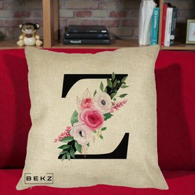 Cadou Personalizat - Perna Personalizata Monograma Florala Litera Z cu Buchet, 40x40 cm, Crem, Husa Detasabila, Perna Inclusa, BEKZ®