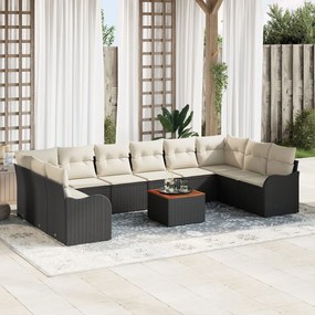 Set de canapea de grădină vidaXL de 11 piese cu perne, Ratan negru, Acacia