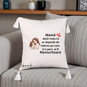 Cadou pentru Mama - Perna Personalizata Mama Nemuritoare cu Balon Inima, 40x40 cm, Bej cu Franjuri, Husa Detasabila, Perna Inclusa, BEKZ®