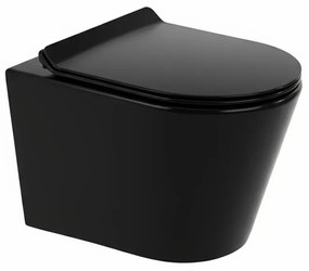 Tina toaletă fără margine montată pe perete cu scaun cu închidere moale negru