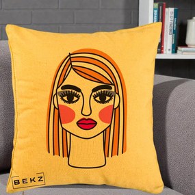 Perna Decorativa Portret Pop Art Fata, 40x40 cm, Galben, Husa Detasabila, Perna Inclusa, BEKZ®