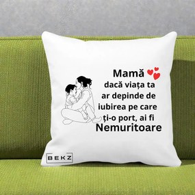 Cadou pentru Mama - Perna Personalizata Mama Nemuritoare Kawaii, 40x40 cm, Alba Mata, Husa Detasabila, Perna Inclusa, BEKZ®