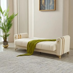 Canapea extensibila cu lada de depozitare 220x87x93 cm , bej si detalii aurii –Camara