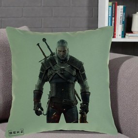 Perna Personalizata The Witcher Geralt of Rivia Portret, 40x40 cm, Verde, Husa Detasabila, Perna Inclusa, BEKZ®