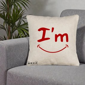 Perna Decorativa I'm Happy Smile, 40x40 cm, Bej Canapea, Husa Detasabila, Perna Inclusa, BEKZ®