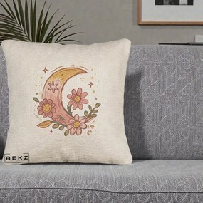 Perna Decorativa Luna Florala Boho, 40x40 cm, Bej Canapea, Husa Detasabila, Perna Inclusa, BEKZ®