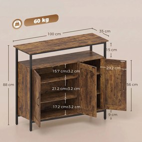 HOMCOM bufet de bucătărie cu raft deschis și 2 dulapuri, din PAL și oțel, 100x35x88 cm, maro rustic | Aosom Romania