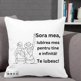 Cadou pentru Sora - Perna Personalizata Sora Mea Te Iubesc Line Art Portrete Colorate, 40x40 cm, Alba Mata, Husa Detasabila, Perna Inclusa, BEKZ®