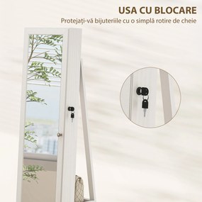 HOMCOM Oglindă Suport pentru Bijuterii, Oglindă de podea Pivotantă Modernă pentru Dormitor, 38x38x160 cm, Alb | Aosom Romania