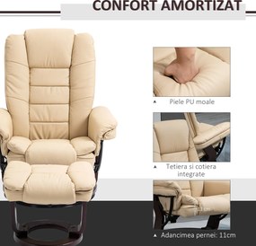 HOMCOM Set Fotoliu și Pouf pentru Picioare, Rotativ la 360° și Reclinabil cu Suport pentru Cap și Brate, 85x106x94cm, Bej | Aosom Romania