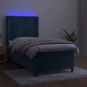 Pat cu arcuri, saltea si LED, bleumarin, 90x190 cm, catifea Albastru inchis, 90 x 190 cm, Design simplu