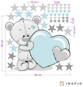 INSPIO Autocolant pentru perete - Ursuleț în culoarea mentei, cu stele și nume